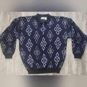 Vintage Bugle Boy Navy Geometric three Button Polo Sweater Large Grandpa Cosby